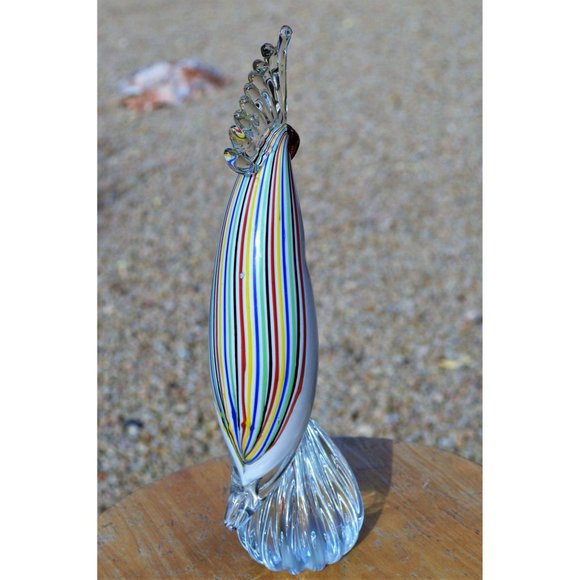 12" glass parrot white body ribbed clear pedestal. - Picture 6 of 7